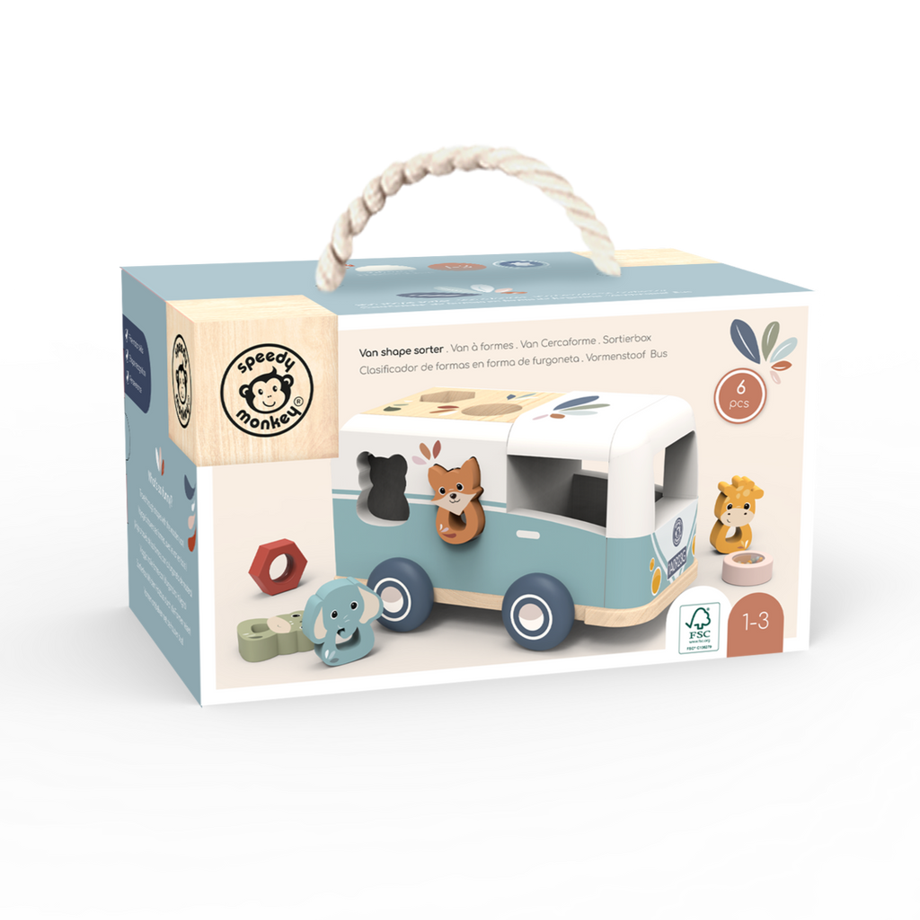 Wooden toy van with packaging on a white background